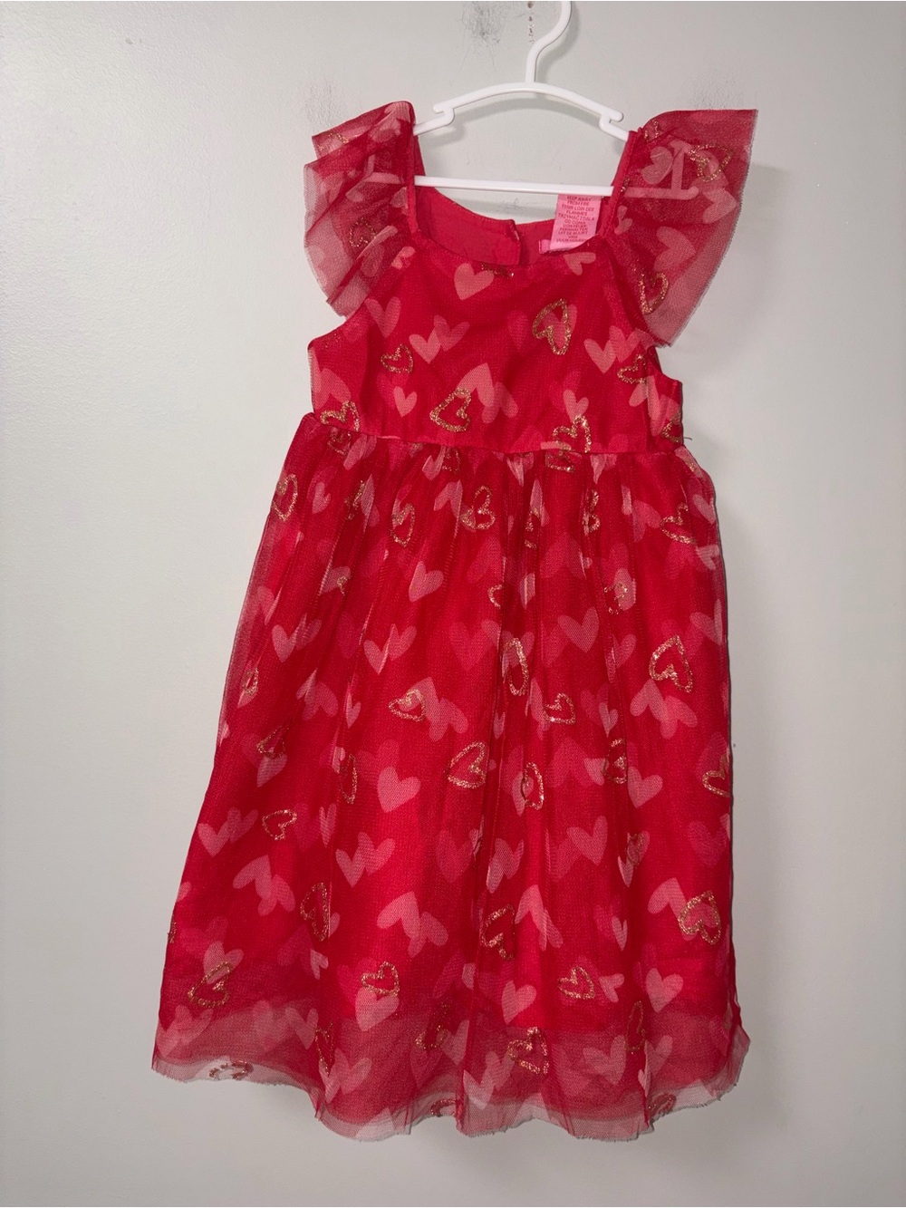 Isaac Mizrahi Red Tulle Sleeveless Gold Hearts Print Dress Flutter Sleeves 5